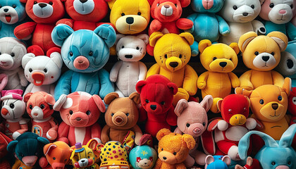 Background filled with various colorful stuffed teddy bears in a row. Togetherness and friendship concept. Front view. Closeup.