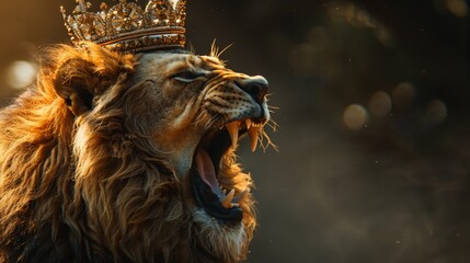 Brave lion wearing a crown roars majestically on a white stage