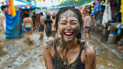 Beautiful woman covered in mud at the Boryeong Mud Festival, her facial expression full of enthusiasm and joy, Ai generated Images