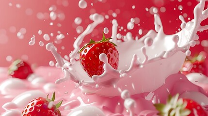 pink Milk splash with strawberries isolated on pink background