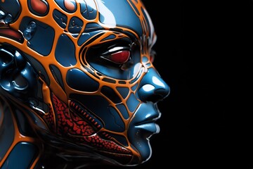 portrait of a humanoid cyborg robot with a complex skin and body structure and elements of biomechanics