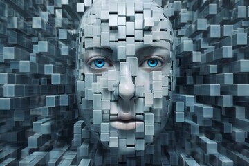humanoid face with 3D cubes and shapes, and particles around her face, symbol of augmented reality and computer technologies of future, concept of cybernetics, biomechanics and robotics