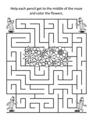 Maze game and coloring page with pencils and flowers 
