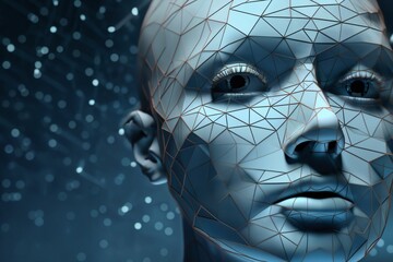 human face with grid and particles in space as symbol of augmented reality and computer technologies of future, close-up portrait, concept of cybernetics, biomechanics and robotics