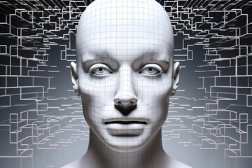 portrait of a humanoid android with 3D cubes and shapes, and particles around face, symbol of augmented reality and computer technologies of future, concept of cybernetics, biomechanics and robotics