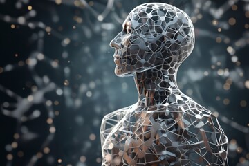 a robot with human body made of disintegrating squares and cubes, standing in front of a digital background with abstract particles in space, cybernetics, computer rendering