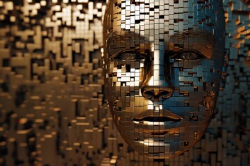 human's face with 3D cubes and particles in space as symbol of augmented reality and computer technologies of future, close-up portrait, concept of cybernetics, biomechanics and robotics