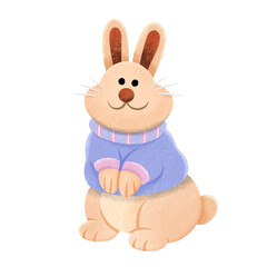 Rabbit with sweater hand drawn illustration in cartoon design