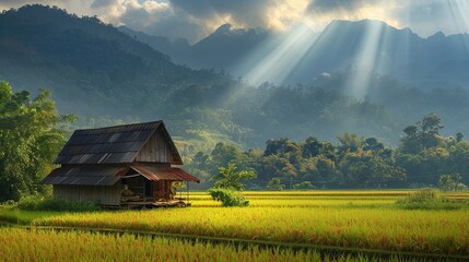 A wooden house in the middle of rice fields with mountain background