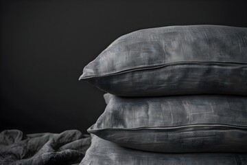 Three gray pillows stacked on top of each other against black background. Concept furniture, interior design, home decor