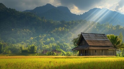 Obraz premium A wooden house in the middle of rice fields with mountain background
