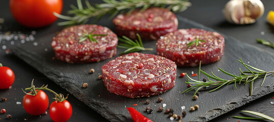 Raw burger cutlet for grill, - obrazy, fototapety, plakaty