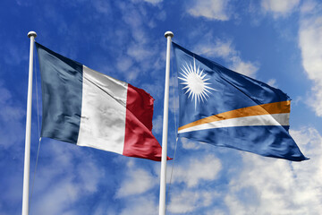 3d illustration. France and Marshall Islands Flag waving in sky. High detailed waving flag. 3D render. Waving in sky. Flags fluttered in the cloudy sky.