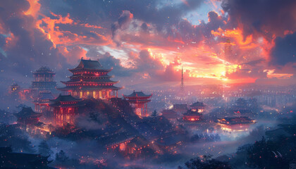 Fototapeta premium Traditional Chinese architecture, sparkling with twinkling stars, generative ai
