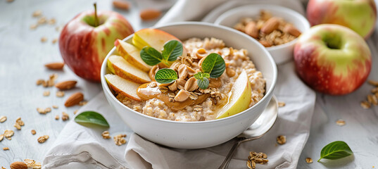 Oatmeal served with peanut butter, fresh apple slices and granola in a white bowl