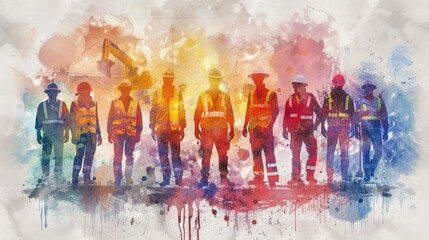 Abstract silhouette of construction workers on colorful watercolor background. May Day, Labor Day - Powered by Adobe