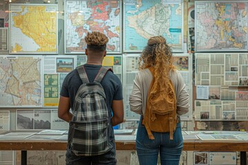Young couple standing in a map store, closely examining various maps hung for display and planning