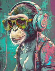 A monkey wearing sunglasses and headphone ,graffiti art , holding an umbrella leaning agains