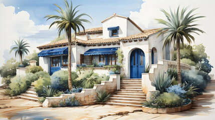 Fototapeta na wymiar Mediterranean Minimalism house watercolor