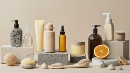 Fototapeta na wymiar Natural Skincare Products Display with Citrus Accent