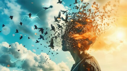 Explosion of Thoughts: Creative Mind Concept with Birds and Sunset Sky - obrazy, fototapety, plakaty