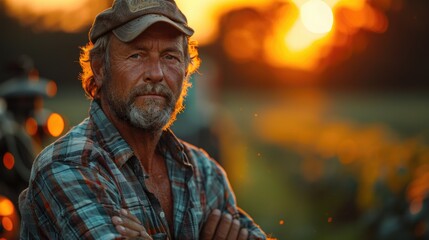 Portrait of an elderly farmer with a cap standing in front of a tractor at sunset.