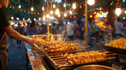 Street vendor grilling skewered meats at night market. Bokeh lights and festive outdoor atmosphere.