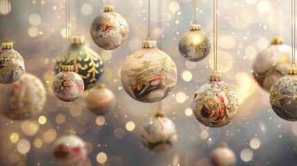 Decorative Christmas balls with glitter and festive patterns hanging.