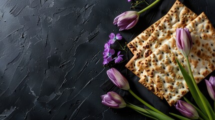 Purple tulips and Matzah bread on dark stone background. Springtime holiday celebration. - obrazy, fototapety, plakaty