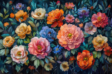 A vibrant watercolor painting of an array of orange and pink roses, peonies, aquilegias, lavender flowers. Created with Ai