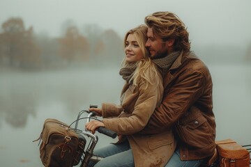 A stylish couple enjoying a ride on a vintage motorcycle in a misty, romantic setting