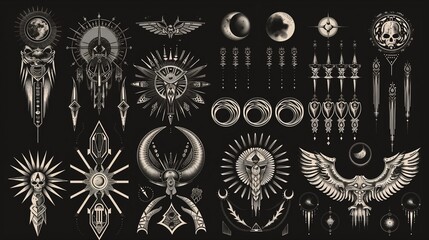 Set of neo-tribal gothic graphics featuring skulls, moons, and mystical symbols in black and white, suitable for tattoos or apparel designs.
