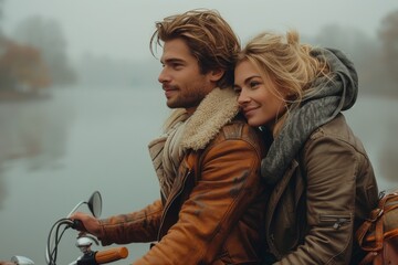 The young, attractive couple share a moment of closeness as they look into the distance