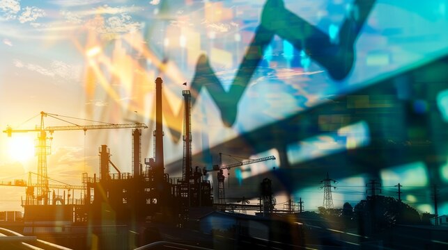 Industrial silhouette with an overlay of financial graphs symbolizing economic growth against a vibrant sunset sky.
