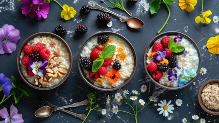 Creamy rice pudding with raspberry and orange slices in ceramic bowls. Gourmet dessert