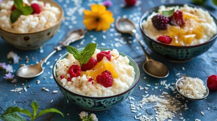 Creamy rice pudding with raspberry and orange slices in ceramic bowls. Gourmet dessert