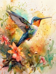 Beautiful watercolor hummingbird, hand drawn in bright colors, serene natural setting