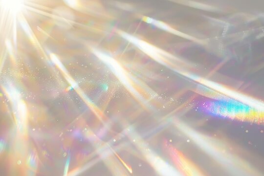 White background with bright iridescent sunlight flares and colorful refractions