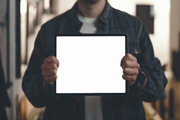 Digital mockup caucasian man in his 20s holding a tablet with a fully white screen