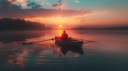 Man Rowing Boat on Lake at Sunset