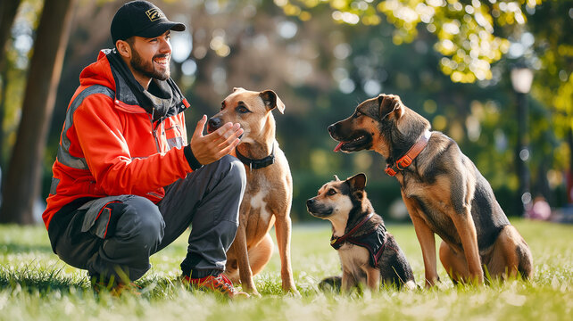 Dog Trainer with Diverse Group of Canine Companions