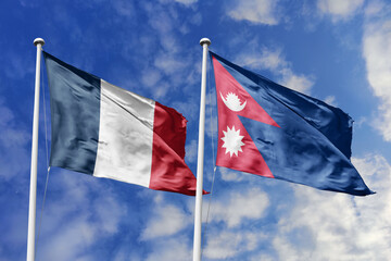 3d illustration. France and Nepal Flag waving in sky. High detailed waving flag. 3D render. Waving in sky. Flags fluttered in the cloudy sky.
