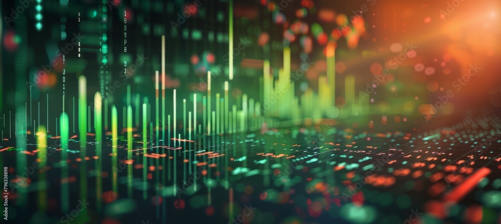 Poster Digital green chart data and stock market finance economy statistic visualization. Generative AI technology.	
