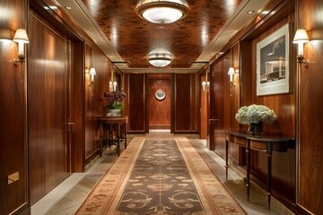 An elegant Art Deco hallway featuring streamlined furniture