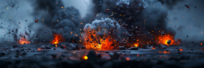 Apocalyptic volcanic landscape with volcano explosion, hot lava, clouds of smoke and ash. Dangerous natural environment.