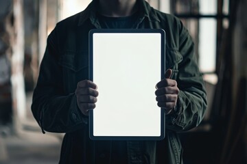 App display man in his 30s holding a tablet with an entirely white screen
