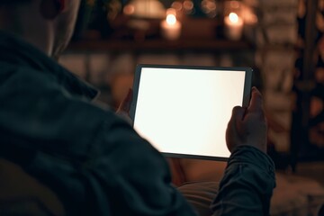 Display mockup man in his 40s holding a tablet with an entirely white screen