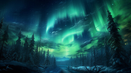 Landscape with borealis aurora forest and moon