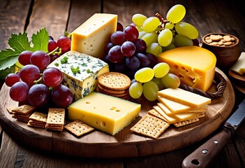 illustration, assorted cheese pairing platter grapes crackers wooden board,  assorted