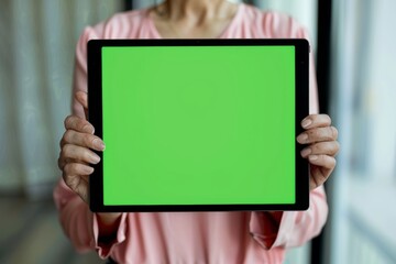 Naklejka premium Application mockup caucasian woman in her 60s holding a tablet with a completely green screen